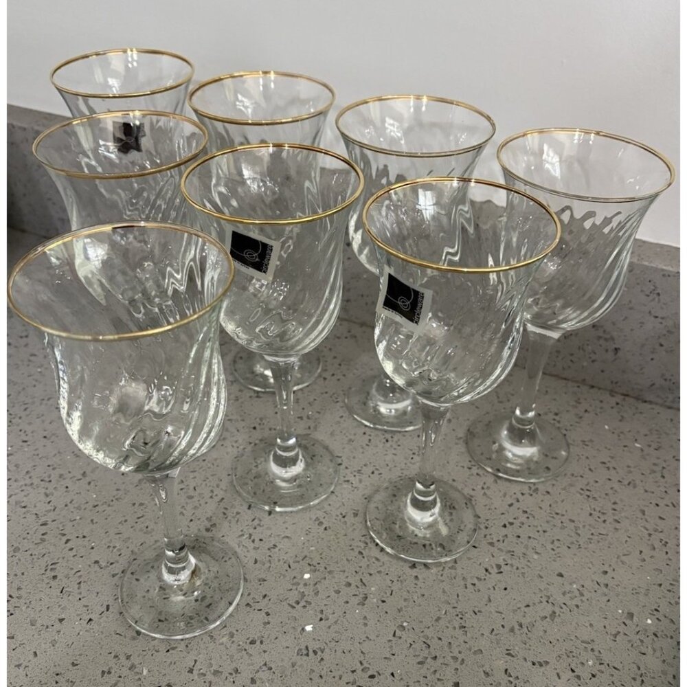 Circleware Maxim Gold Rim/Ribbed Water/Wine Glasses 7-7/8”,  Set of 8